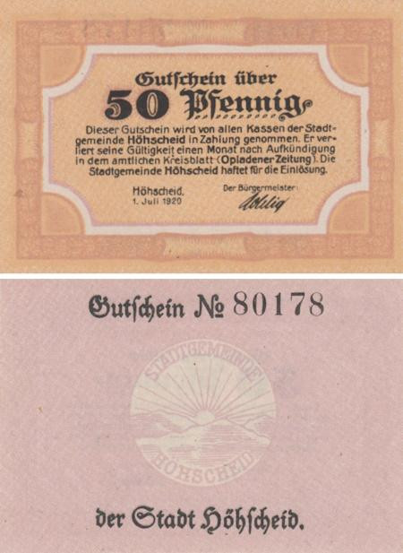  Бона. Германия. Хехшайд 50 пфеннигов 1920 год. Нотгельд. (XF) 