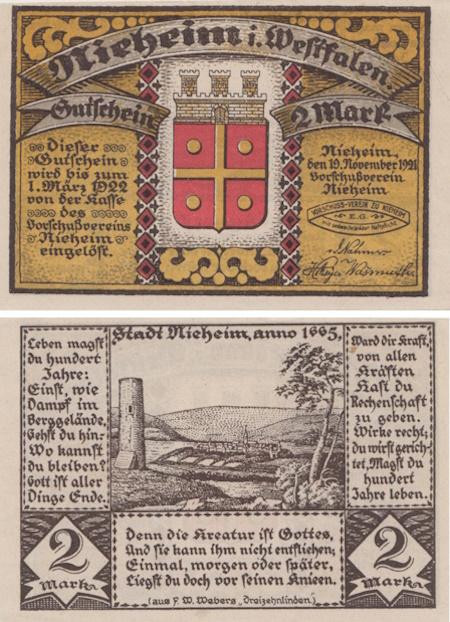  Бона. Германия. Нихайм 2 марки 1921 год. Нотгельд. (XF) 