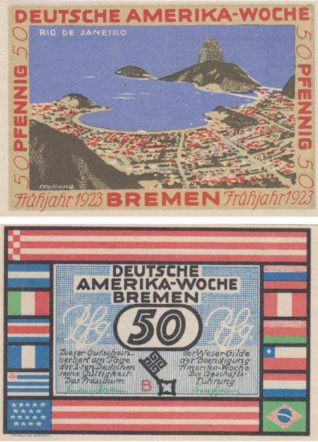  Бона. Германия. Бремен 50 пфеннигов 1923 год. Неделя Немецкой Америки в Бремене - Рио-де-Жанейро (серия B). Нотгельд. (XF) 