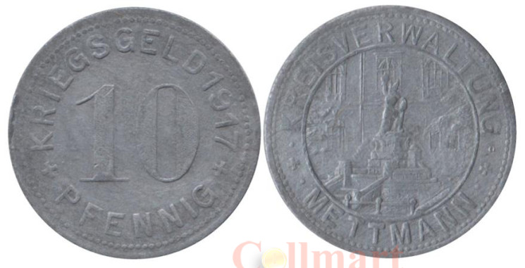  Германия. Меттман. 10 пфеннигов 1917 год. Памятник. Нотгельд. 