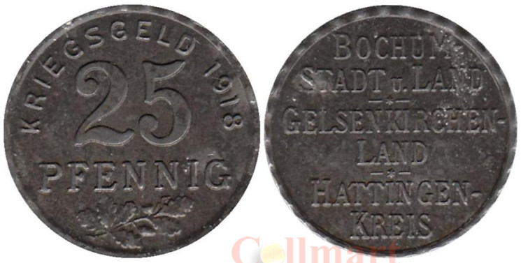  Германия. Бохум. 25 пфеннигов 1918 год. Ветка дуба. Нотгельд. 