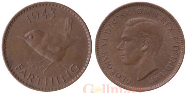  Великобритания. 1 фартинг 1943 год. Крапивник. 