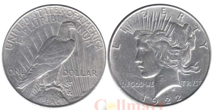  США. 1 доллар 1922 год. Peace Dollar. Без отметки монетного двора. 