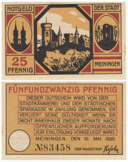  Бона. Германия. Майнинген 25 пфеннигов 1920 год. Нотгельд. (XF) 