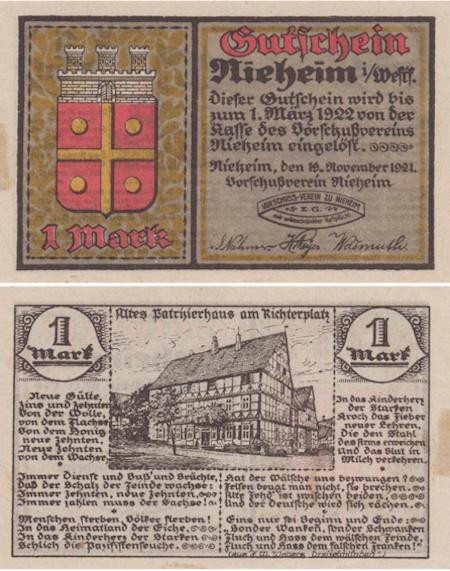  Бона. Германия. Нихайм 1 марка 1921 год. Нотгельд. (VF) 