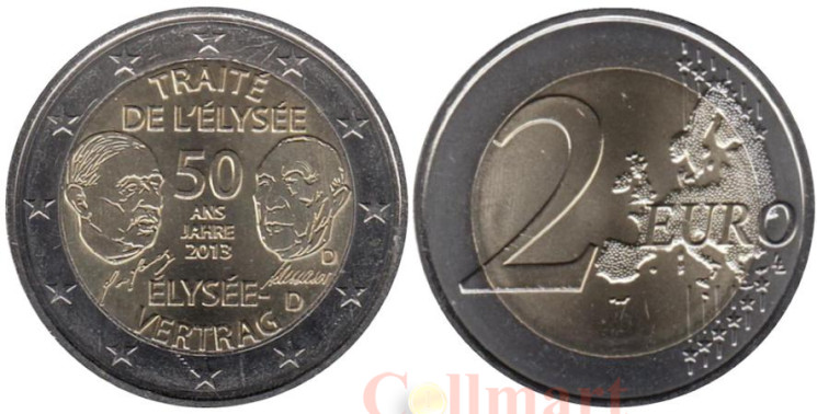 Германия. 2 евро 2013 год. 50 лет подписанию Елисейского договора. (D) 