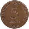 Тринидад и Тобаго. 5 центов 1966 год. Герб. 