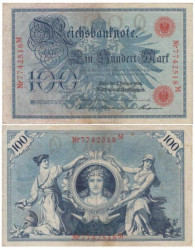 Бона. Германская империя 100 марок 1908 год. Орел. (VG-F)