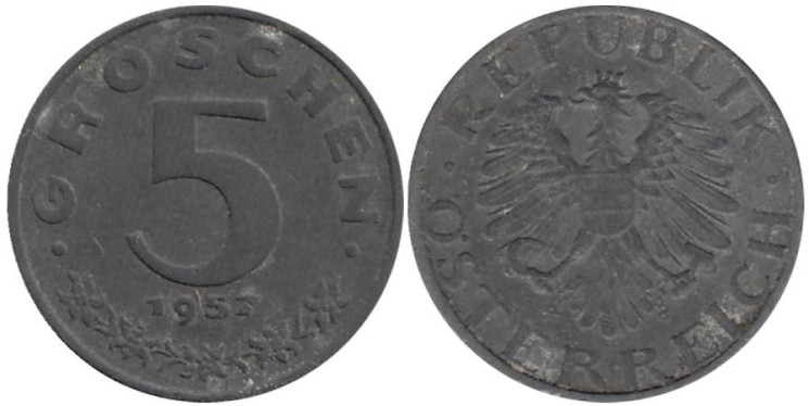  Австрия. 5 грошей 1957 год. 