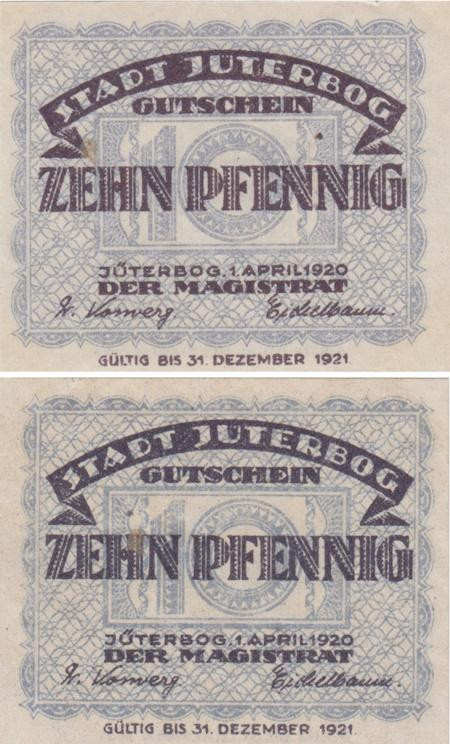  Бона. Германия. Йютербог 10 пфеннигов 1920 год. Нотгельд серый. (VF) 