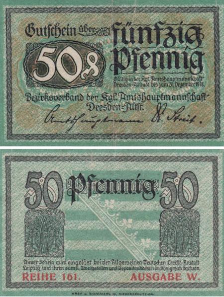  Бона. Германия. Дрезден - Альтштадт 50 пфеннигов 1918 год. Нотгельд. (VF) 