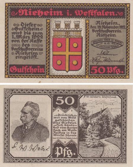  Бона. Германия. Нихайм 50 пфеннигов 1921 год. Нотгельд. (XF) 