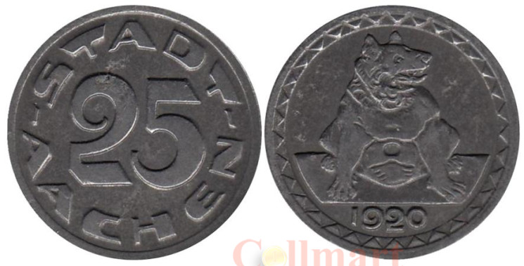  Германия. Ахен. 25 пфеннигов 1920 год. Скульптура волка. Нотгельд. 