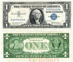 Бона. США 1 доллар 1957 год. Джордж Вашингтон. (Серебряный сертификат - синяя печать) № 419 (F)