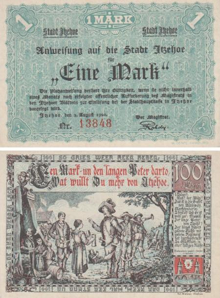  Бона. Германия. Итцехо 1 марка 1920 год. Нотгельд. (XF) 
