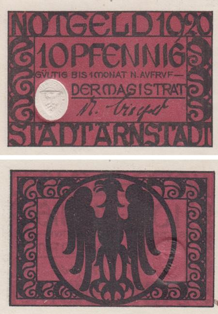 Бона. Германия. Арнштадт 10 пфеннигов 1920 год. Нотгельд. (XF) 