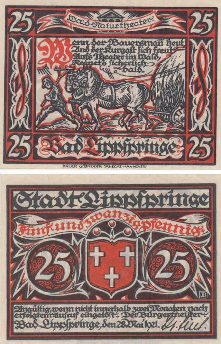  Бона. Германия. Бад-Липпшпринге 25 пфеннигов 1921 год. Нотгельд. (XF) 