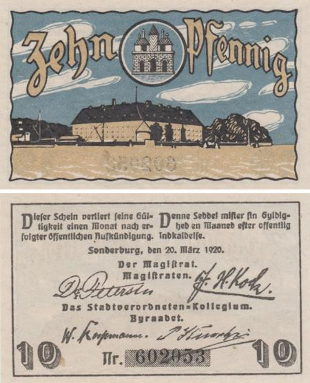  Бона. Германия / Дания. Зондербург 10 пфеннигов 1920 год. Нотгельд. (XF) 