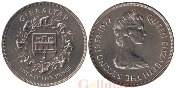  Гибралтар. 25 новых пенсов 1977 год. 25 лет правлению Королевы Елизаветы II. 