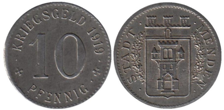  Германия. Менден. 10 пфеннигов 1919 год. Нотгельд. 