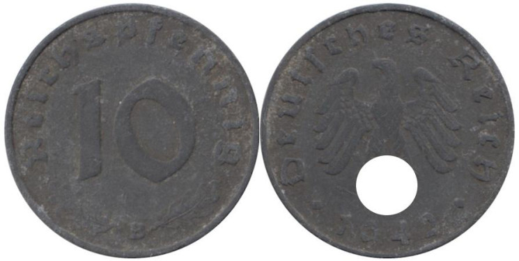  Германия - Третий рейх. 10 рейхспфеннигов 1942 год. (B) 