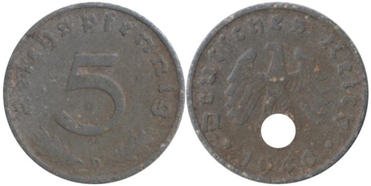  Германия - Третий рейх. 5 рейхспфеннигов 1940 год. (D) 