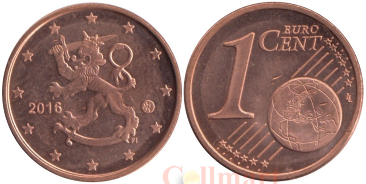  Финляндия. 1 евроцент 2016 год. Геральдический лев. 