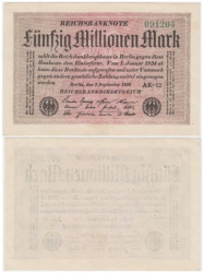 Бона. Германия (Веймарская республика) 50.000.000 марок 1923 год. P-109b.3 (VF+)