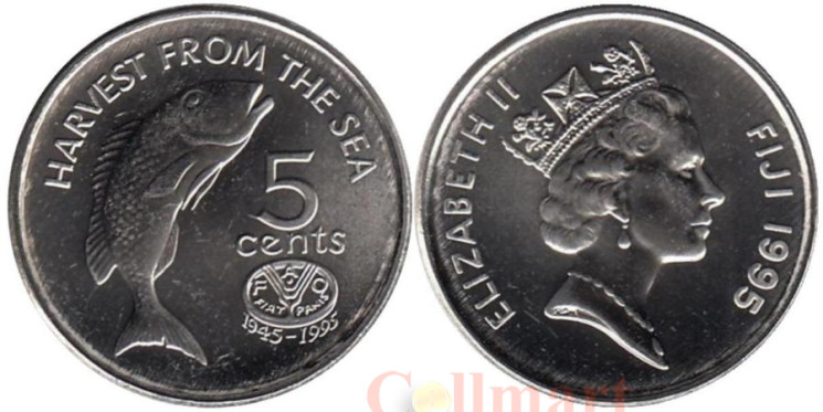  Фиджи. 5 центов 1995 год. 50 лет ФАО. Рыба. 