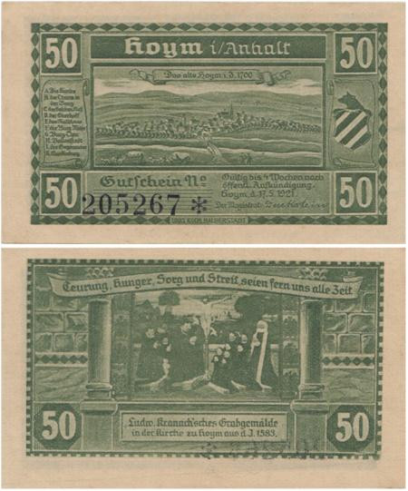  Бона. Германия. Хойм 50 пфеннигов 1921 год. Фреска гробницы. Нотгельд. (XF) 
