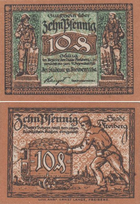  Бона. Германия. Фрайберг 10 пфеннигов 1920 год. Нотгельд. (XF) 