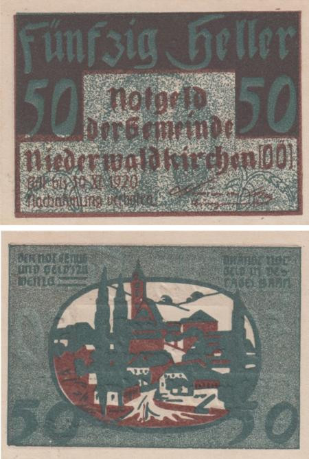  Бона. Австрия. Нидервальдкирхен 50 геллеров 1920 год. Нотгельд. (XF) 
