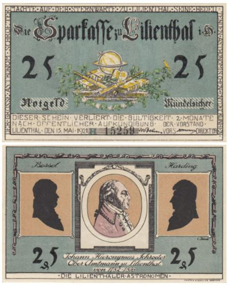  Бона. Германия. Лилиенталь 25 пфеннигов 1921 год. Портреты  астрономов, литера Н. Нотгельд. (XF) 