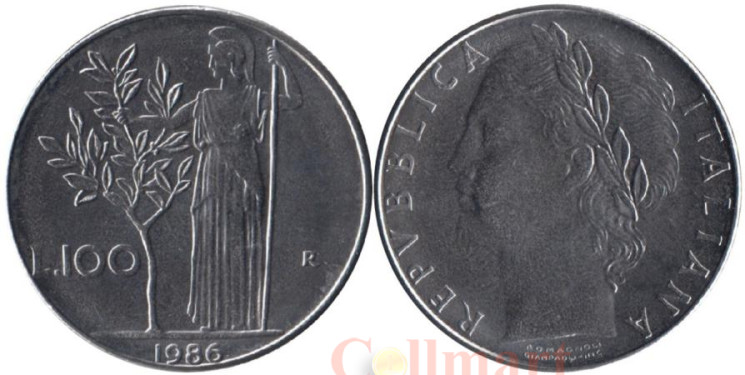 Италия. 100 лир 1986 год. Богиня мудрости Минерва. (BU) 