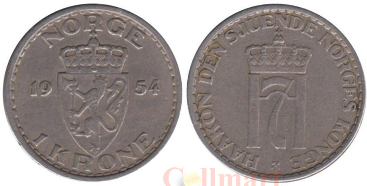  Норвегия. 1 крона 1954 год. 