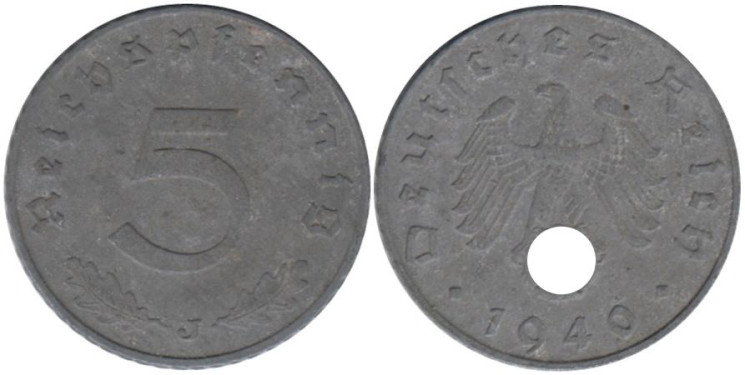  Германия - Третий рейх. 5 рейхспфеннигов 1940 год. (J) 