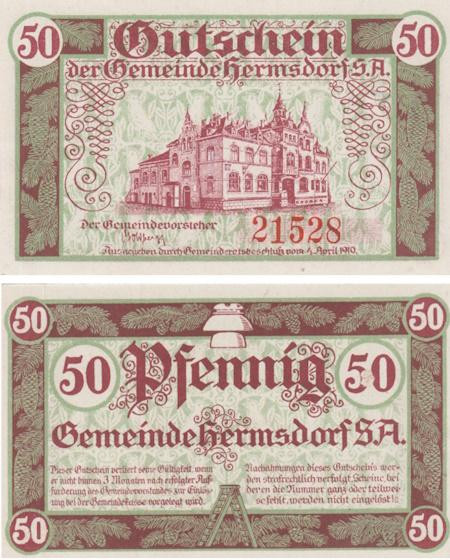  Бона. Германия. Хермсдорф 50 пфеннигов 1919 год. Нотгельд. (XF) 