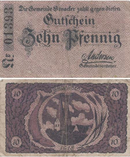  Бона. Германия / Дания. Броакер 10 пфеннигов без года. Нотгельд. (F) 