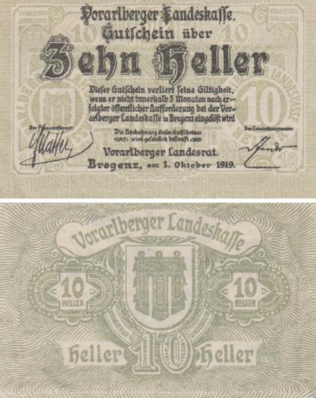  Бона. Австрия. Брегенц 10 геллеров 1919 год. Нотгельд. (XF) 