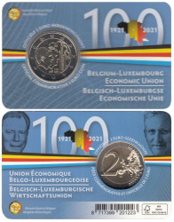 Бельгия. 2 евро 2021 год. 100 лет Бельгийско-Люксембургскому экономическому союзу. (в открытке c надписью на нидерландском языке - Belgiё)