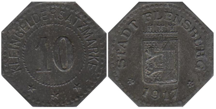  Германия. Фленсбург. 10 пфеннигов 1917 год. Нотгельд. 