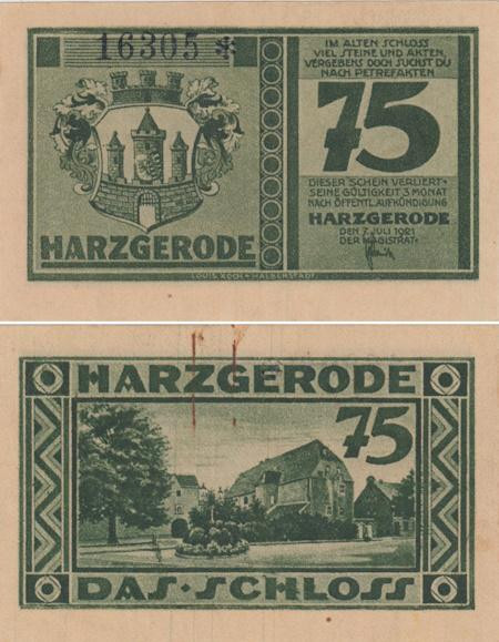  Бона. Германия. Харцгероде 75 пфеннигов 1921 год. (вариант 1) Нотгельд. (VF) 