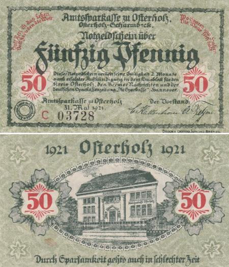  Бона. Германия. Остерхольц 50 пфеннигов 1921 год. Нотгельд зеленый. (XF) 