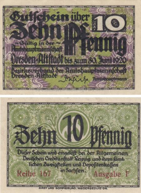  Бона. Германия. Дрезден - Альтштадт 10 пфеннигов 1920 год. Нотгельд. (XF) 