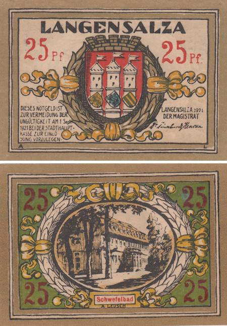  Бона. Германия. Бад-Лангензальца 25 пфеннигов 1921 год. Нотгельд. (XF) 