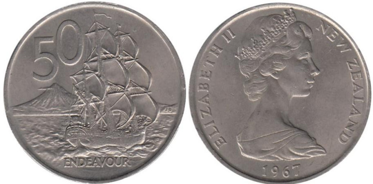  Новая Зеландия. 50 центов 1967 год. Парусник Индевор. 