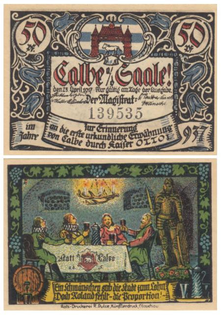  Бона. Германия. Кальбе (Заале) 50 пфеннигов 1917 год. Нотгельд. Вар. 5 (XF) 