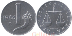 Италия. 1 лира 1986 год. Рог изобилия. Весы. (BU)