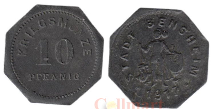  Германия. Бенсхайм. 10 пфеннигов 1917 год. Георгий Победоносец. Нотгельд. 