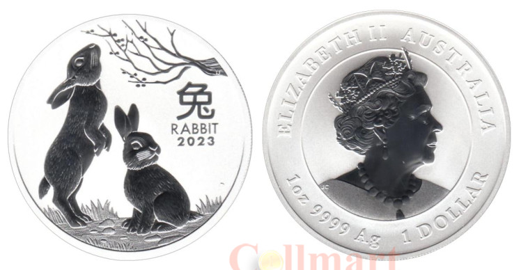  Австралия. 1 доллар 2023 год. Год кролика. (два кролика) 